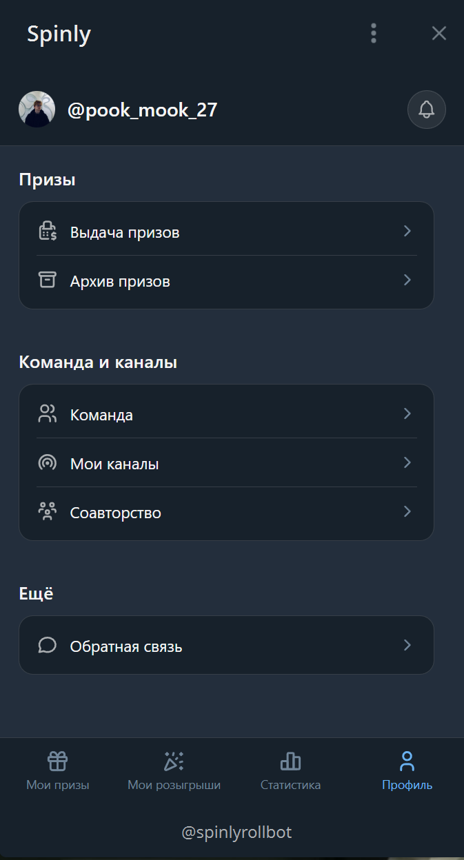 Профиль: каналы, соавторство, публикации и другие инструменты.