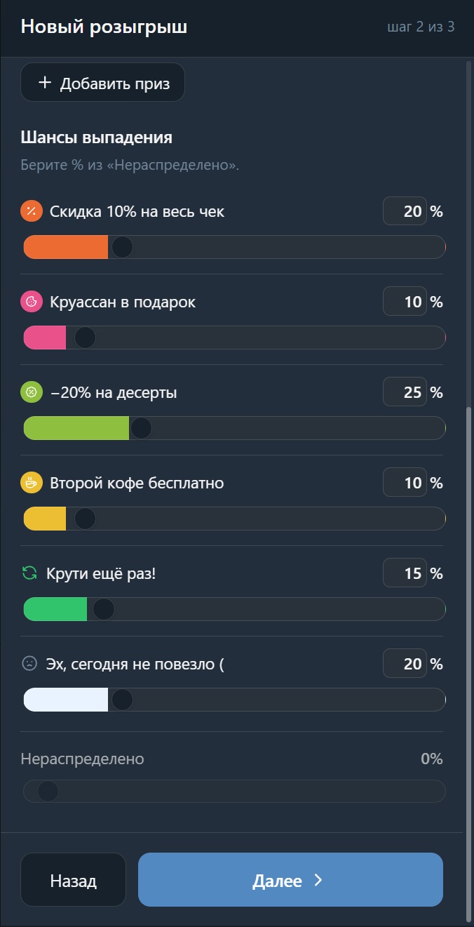 Настройка вероятностей выпадения призов.
